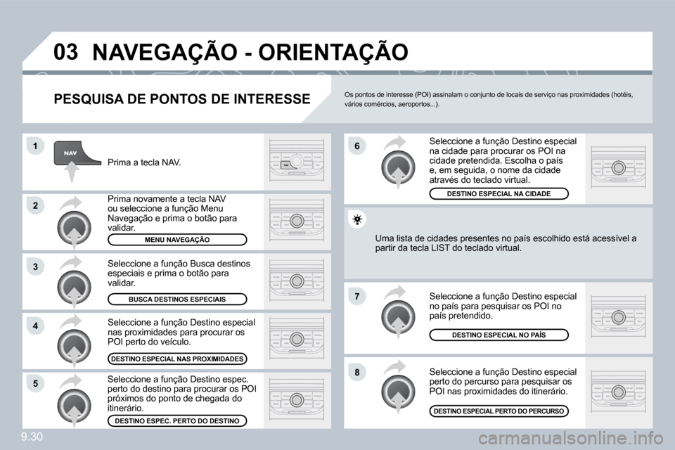 Peugeot Partner 2010  Manual do proprietário (in Portuguese) �0�3
�1
�2
�3
�4
�7
�8�5
�6
9.30
� �N�A�V�E�G�A�Ç�Ã�O� �-� �O�R�I�E�N�T�A�Ç�Ã�O� 
� � �P�E�S�Q�U�I�S�A� �D�E� �P�O�N�T�O�S� �D�E� �I�N�T�E�R�E�S�S�E� 
 Prima a tecla NAV. 
 Prima novamente a tecla