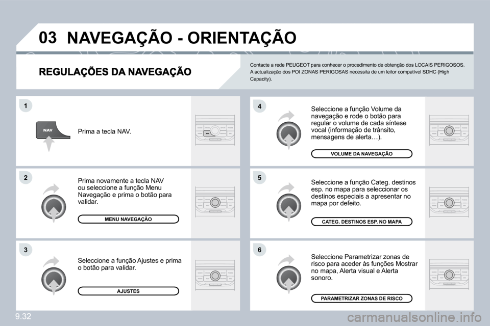 Peugeot Partner 2010  Manual do proprietário (in Portuguese) �0�3
�6
�4
�5
�1
�2
�3
9.32
 Seleccione a função Volume da navegação e rode o botão para regular o volume de cada síntese vocal (informação de trânsito, mensagens de alerta…). 
 Seleccione 