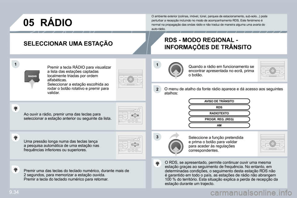 Peugeot Partner 2010  Manual do proprietário (in Portuguese) �1�1
�2
�3
�0�5
9.34
� � �S�E�L�E�C�C�I�O�N�A�R� �U�M�A� �E�S�T�A�Ç�Ã�O� 
 Quando a rádio em funcionamento se encontrar apresentada no ecrã, prima o botão. 
 O menu de atalho da fonte rádio apar