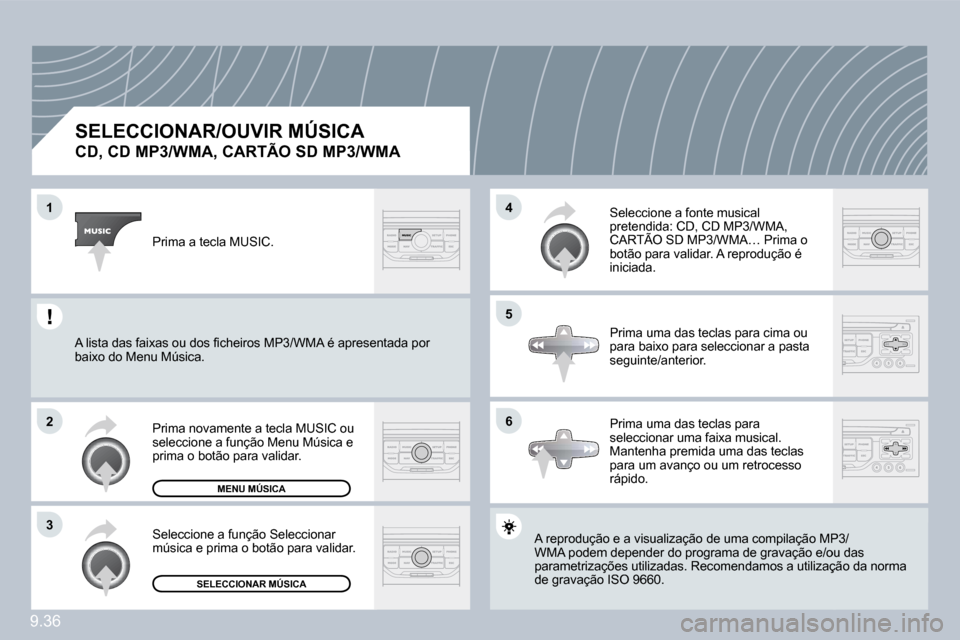Peugeot Partner 2010  Manual do proprietário (in Portuguese) �1
�2
�3
�5
�4
�6
9.36
�S�E�L�E�C�C�I�O�N�A�R�/�O�U�V�I�R� �M�Ú�S�I�C�A� � 
�C�D�,� �C�D� �M�P�3�/�W�M�A�,� �C�A�R�T�Ã�O� �S�D� �M�P�3�/�W�M�A� 
 A reprodução e a visualização de uma compilaçã