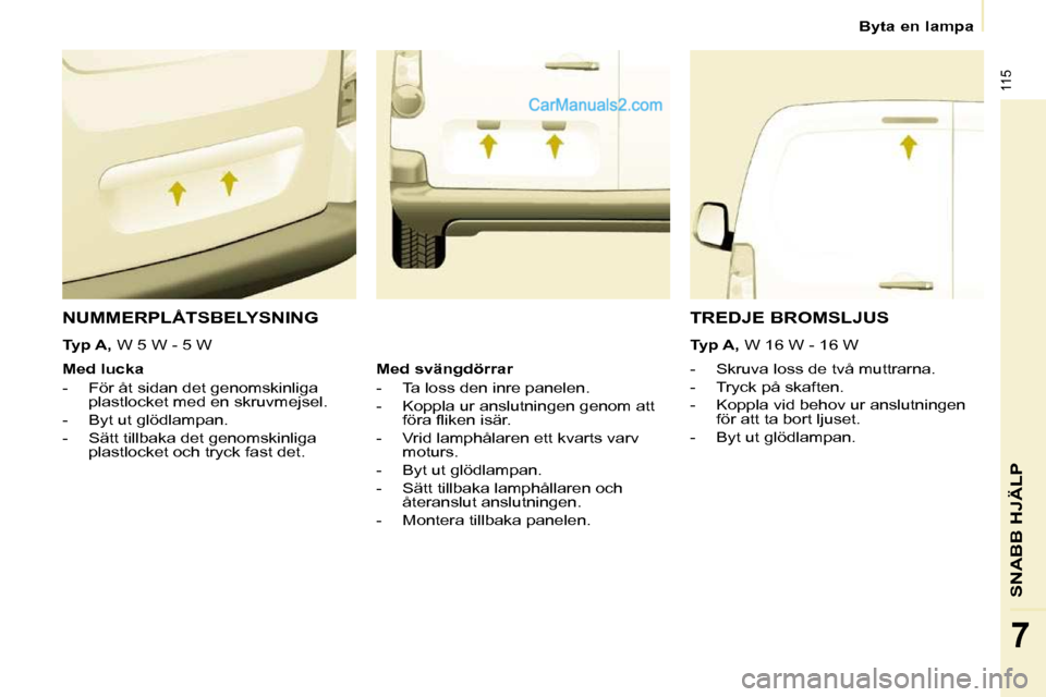 Peugeot Partner 2010 Ägarmanual (in Swedish) 115
SNABB HJÄLP
7
Byta en lampa
NUMMERPLÅTSBELYSNING
- Skruva loss de två muttrarna.
- Tryck på skaften.
- Koppla vid behov ur anslutningen för att ta bort ljuset.
- Peugeot Partner 2010 Ägarmanual (in Swedish) 115
SNABB HJÄLP
7
Byta en lampa
NUMMERPLÅTSBELYSNING
- Skruva loss de två muttrarna.
- Tryck på skaften.
- Koppla vid behov ur anslutningen för att ta bort ljuset.
-