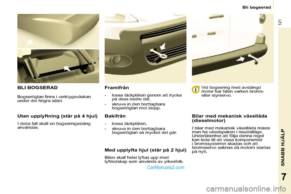 Peugeot Partner 2010  Ägarmanual (in Swedish) 121
SNABB HJÄLP
7
   Bli bogserad   
  Utan upplyftning (står på 4 hjul)  
 I detta fall skall en bogseringsstång  
användas.  
 BLI BOGSERAD   Framifrån  
   -   lossa täckplåten genom att tr