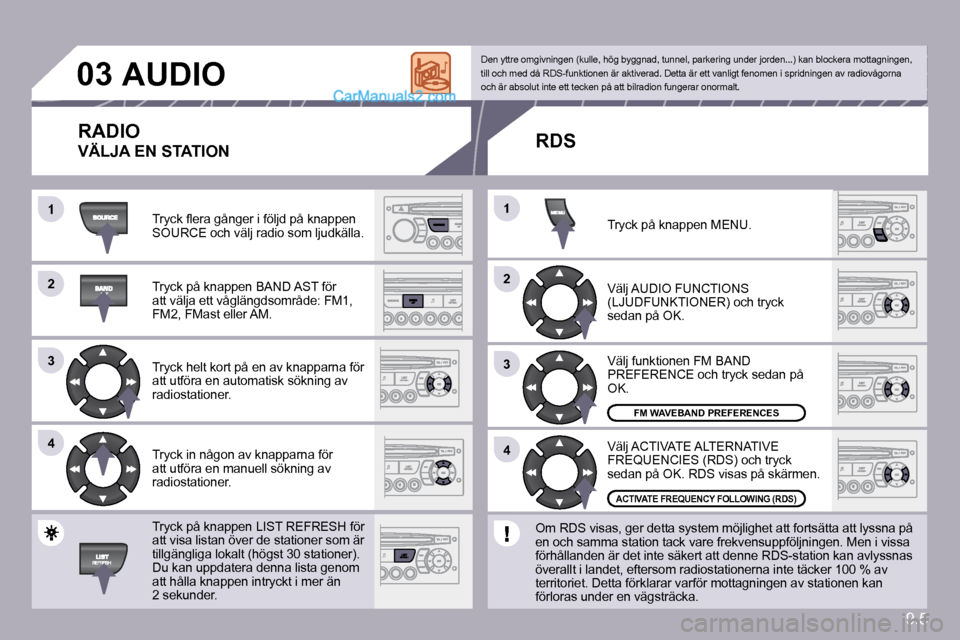 Peugeot Partner 2010  Ägarmanual (in Swedish) 9.5
�1
�2�2
�3�3
�4�4
�2�2
�4�4
�3�3
�1�1
�0�3�A�U�D�I�O� 
� �T�r�y�c�k� �ﬂ� �e�r�a� �g�å�n�g�e�r� �i� �f�ö�l�j�d� �p�å� �k�n�a�p�p�e�n� SOURCE och välj radio som ljudkälla. 
� �T�r�y�c�k� �p�