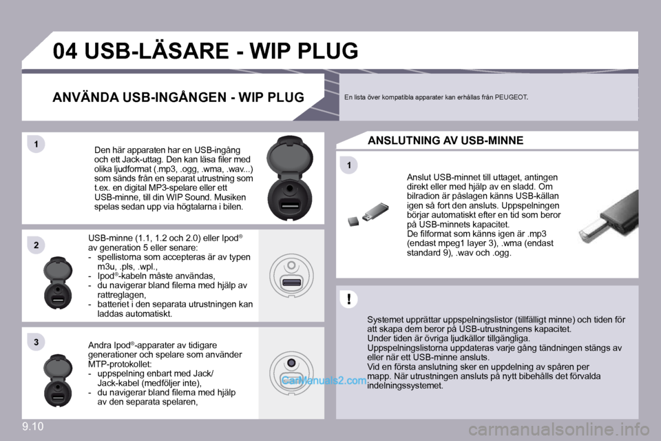 Peugeot Partner 2010  Ägarmanual (in Swedish) 9.10
�1�1
�0�4
�1�1
�2�2
�3�3
�U�S�B�-�L�Ä�S�A�R�E� �-� �W�I�P� �P�L�U�G� 
� � �S�y�s�t�e�m�e�t� �u�p�p�r�ä�t�t�a�r� �u�p�p�s�p�e�l�n�i�n�g�s�l�i�s�t�o�r� �(�t�i�l�l�f�ä�l�l�i�g�t� �m�i�n�n�e�)� �o