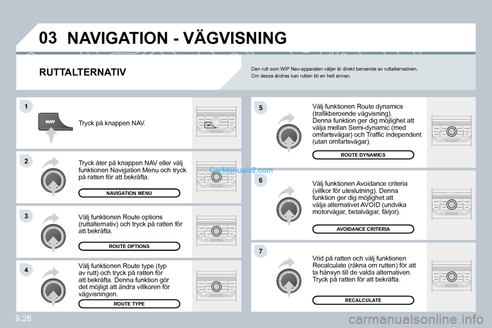 Peugeot Partner 2010  Ägarmanual (in Swedish) �0�3
�5
�6
�7
�1
�2
�3
�4
9.28
� �N�A�V�I�G�A�T�I�O�N� �-� �V�Ä�G�V�I�S�N�I�N�G� 
� � �R�U�T�T�A�L�T�E�R�N�A�T�I�V� 
 Välj funktionen Route dynamics �(�t�r�a�ﬁ� �k�b�e�r�o�e�n�d�e� �v�ä�g�v�i�s�n