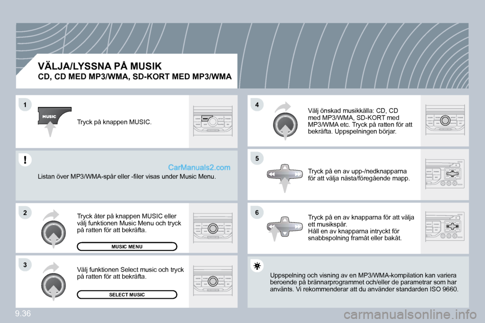 Peugeot Partner 2010  Ägarmanual (in Swedish) �1
�2
�3
�5
�4
�6
9.36
�V�Ä�L�J�A�/�L�Y�S�S�N�A� �P�Å� �M�U�S�I�K� � 
�C�D�,� �C�D� �M�E�D� �M�P�3�/�W�M�A�,� �S�D�-�K�O�R�T� �M�E�D� �M�P�3�/�W�M�A� 
 Uppspelning och visning av en MP3/WMA-kompilat