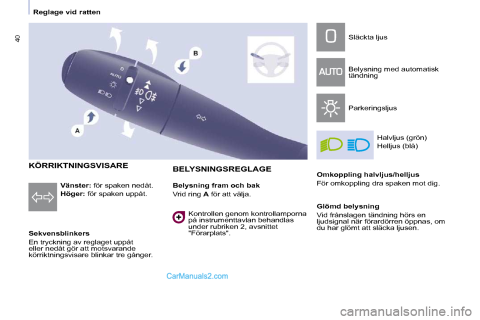 Peugeot Partner 2010 Ägarmanual (in Swedish) 40
Reglage vid ratten
KÖRRIKTNINGSVISARE
Sekvensblinkers
En tryckning av reglaget uppåt
eller nedåt gör att motsvarande
körriktningsvisare blinkar tre gånger. BELYSNINGSR Peugeot Partner 2010 Ägarmanual (in Swedish) 40
Reglage vid ratten
KÖRRIKTNINGSVISARE
Sekvensblinkers
En tryckning av reglaget uppåt
eller nedåt gör att motsvarande
körriktningsvisare blinkar tre gånger. BELYSNINGSR