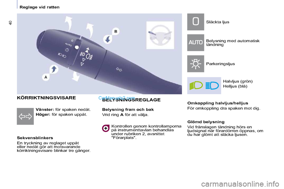 Peugeot Partner 2010 Ägarmanual (in Swedish) 40
Reglage vid ratten
KÖRRIKTNINGSVISARE
Sekvensblinkers
En tryckning av reglaget uppåt
eller nedåt gör att motsvarande
körriktningsvisare blinkar tre gånger. BELYSNINGSR Peugeot Partner 2010 Ägarmanual (in Swedish) 40
Reglage vid ratten
KÖRRIKTNINGSVISARE
Sekvensblinkers
En tryckning av reglaget uppåt
eller nedåt gör att motsvarande
körriktningsvisare blinkar tre gånger. BELYSNINGSR