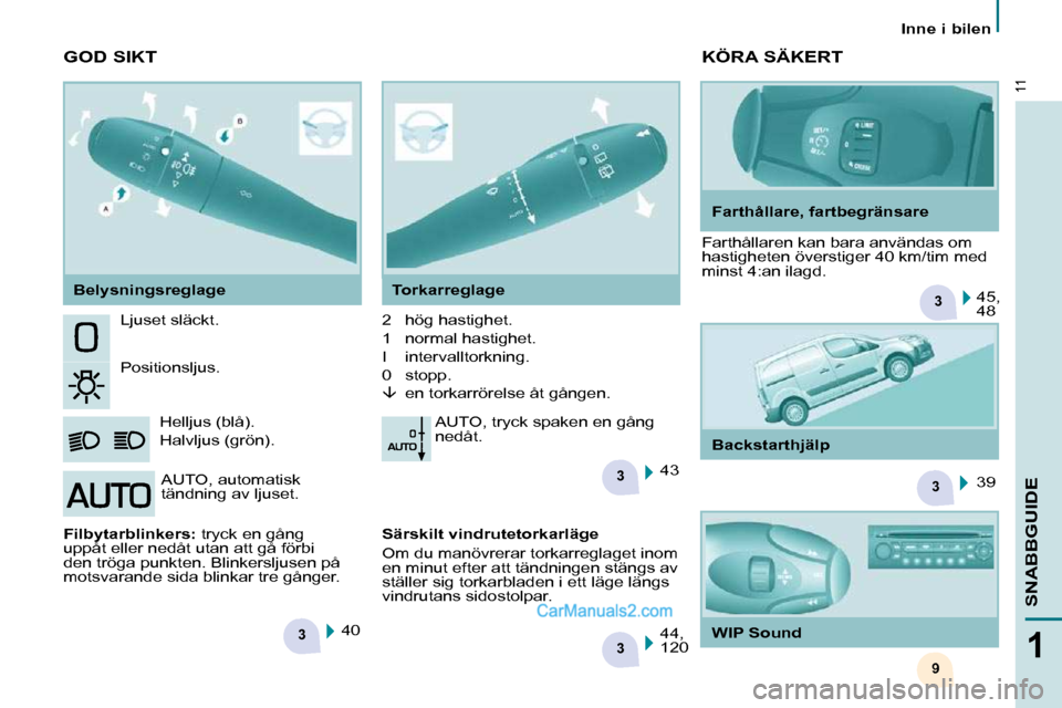 Peugeot Partner 2010  Ägarmanual (in Swedish) 3
3
3
3
9
3
11
1
SNABBGUIDE
   Inne i bilen   
 Ljuset släckt . 
 Positionsljus .  Helljus (blå)  . 
Halvljus (grön) .  2  hög hastighet.  
1  normal hastighet.  
I  intervalltorkning.  
0  stopp.