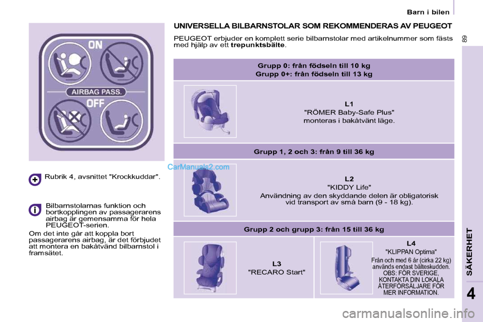 Peugeot Partner 2010  Ägarmanual (in Swedish)   Rubrik 4, avsnittet "Krockkuddar".    Bilbarnstolarnas funktion och  
bortkopplingen av passagerarens 
airbag är gemensamma för hela 
PEUGEOT-serien. 
 Om det inte går att koppla bort 
passagerar