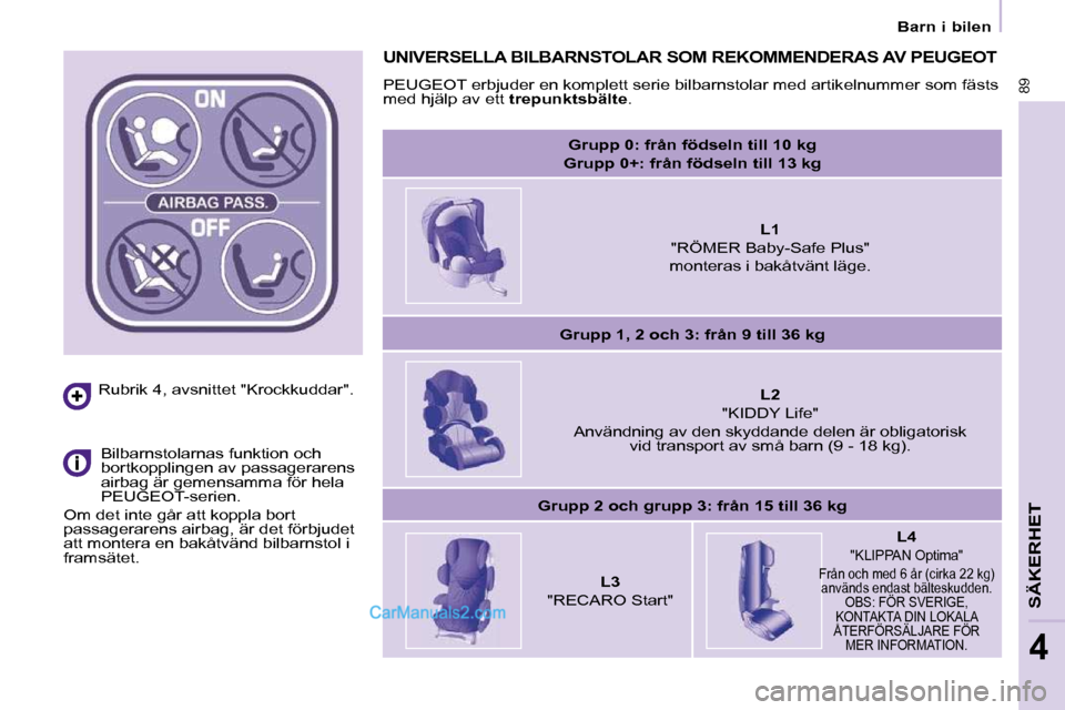 Peugeot Partner 2010  Ägarmanual (in Swedish)   Rubrik 4, avsnittet "Krockkuddar".    Bilbarnstolarnas funktion och  
bortkopplingen av passagerarens 
airbag är gemensamma för hela 
PEUGEOT-serien. 
 Om det inte går att koppla bort 
passagerar