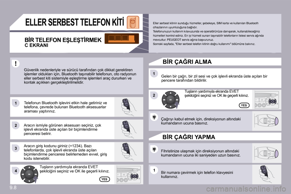 Peugeot Partner 2010  Kullanım Kılavuzu (in Turkish) �9�.�8
�1�1
�2�2
�3�3
�1�1
�2�2
�4�4�1�1
� �T�u�ş�l�a�r�ı�n� �y�a�r�d�ı�m�ı�y�l�a� �e�k�r�a�n�d�a� �E�V�E�T� �ş�e�k�i�l�c�i�ğ�i�n�i� �s�e�ç�i�n�i�z� �v�e� �O�K� �i�l�e� �g�e�ç�e�r�l�i� �k�ı�l