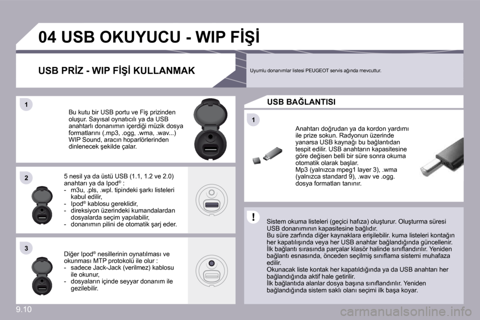 Peugeot Partner 2010  Kullanım Kılavuzu (in Turkish) �9�.�1�0
�1�1
�0�4
�1�1
�2�2
�3�3
� �U�S�B� �O�K�U�Y�U�C�U� �-� �W�I�P� �F�İ�Ş�İ� 
� � �S�i�s�t�e�m� �o�k�u�m�a� �l�i�s�t�e�l�e�r�i� �(�g�e�ç�i�c�i� �h�a�f�ı�z�a�)� �o�l�u�ş�t�u�r�u�r�.� �O�l�u�
