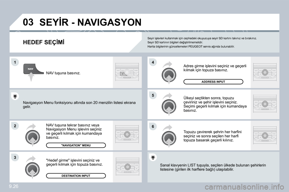 Peugeot Partner 2010  Kullanım Kılavuzu (in Turkish) �0�3
�1
�2
�3
�6
�5
�4
�9�.�2�6
�S�E�Y�İ�R� �-� �N�A�V�I�G�A�S�Y�O�N� 
� � �H�E�D�E�F� �S�E�Ç�İ�M�İ� 
� �N�A�V� �t�u�ş�u�n�a� �t�e�k�r�a�r� �b�a�s�ı�n�ı�z� �v�e�y�a� �N�a�v�i�g�a�s�y�o�n� �M�e�