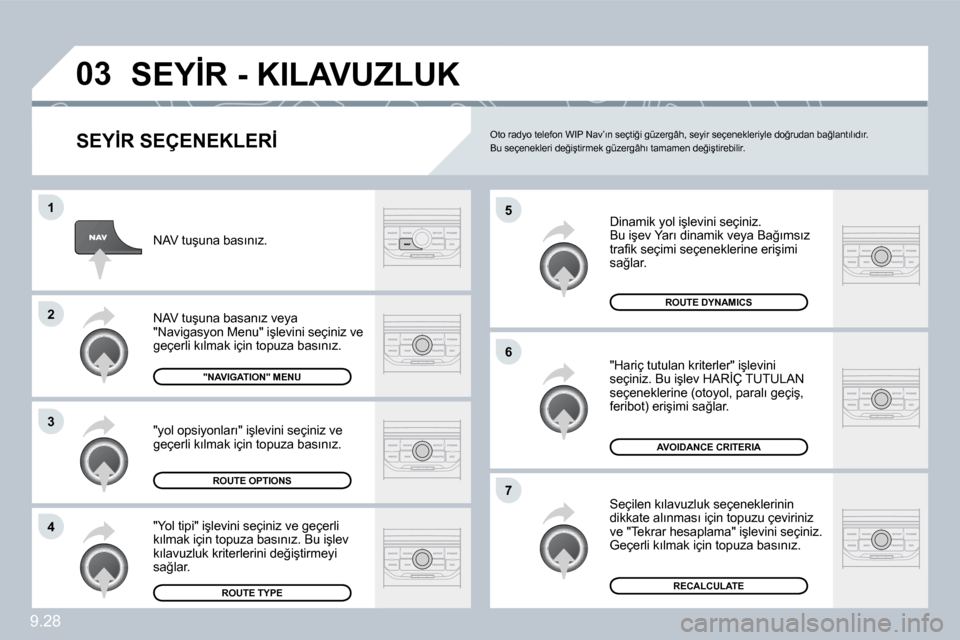 Peugeot Partner 2010  Kullanım Kılavuzu (in Turkish) �0�3
�5
�6
�7
�1
�2
�3
�4
9.28
� �S�E�Y�İ�R� �-� �K�I�L�A�V�U�Z�L�U�K� 
� � �S�E�Y�İ�R� �S�E�Ç�E�N�E�K�L�E�R�İ� 
� �D�i�n�a�m�i�k� �y�o�l� �i�ş�l�e�v�i�n�i� �s�e�ç�i�n�i�z�.� � �B�u� �i�ş�e�v� 