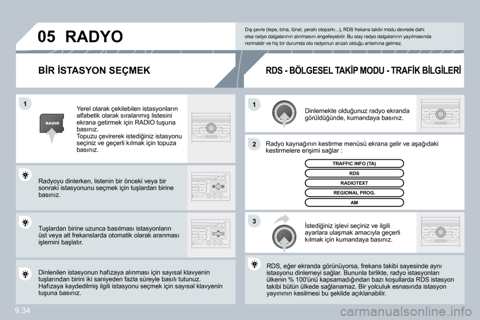 Peugeot Partner 2010  Kullanım Kılavuzu (in Turkish) �1�1
�2
�3
�0�5
9.34
� � �B�İ�R� �İ�S�T�A�S�Y�O�N� �S�E�Ç�M�E�K� 
� �D�i�n�l�e�m�e�k�t�e� �o�l�d�u�ğ�u�n�u�z� �r�a�d�y�o� �e�k�r�a�n�d�a� �g�ö�r�ü�l�d�ü�ğ�ü�n�d�e�,� �k�u�m�a�n�d�a�y�a� �b�a�