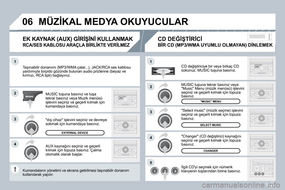 Peugeot Partner 2010  Kullanım Kılavuzu (in Turkish) �1
�2
�3
�4
�1
�4
�0�6
�2
�3
�5
9.37
� �T�a�ş�ı�n�a�b�i�l�i�r� �d�o�n�a�n�ı�m�ı� �(�M�P�3�/�W�M�A� �ç�a�l�a�r�.�.�.�)�,� �J�A�C�K�/�R�C�A� �s�e�s� �k�a�b�l�o�s�u� � �T�a�ş�ı�n�a�b�i�l�i�r� �d�o