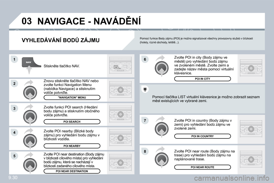Peugeot Partner 2010  Návod k obsluze (in Czech) �0�3
�1
�2
�3
�4
�7
�8�5
�6
�9�.�3�0
� �N�A�V�I�G�A�C�E� �-� �N�A�V�Á�D(�N�Í� 
� � �V�Y�H�L�E�D�Á�V�Á�N�Í� �B�O�D#� �Z�Á�J�M�U� 
� �S�t�i�s�k�n)�t�e� �t�l�a�č�í�t�k�o� �N�A�V�.� 
� �Z�n�o�v
