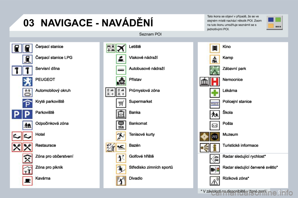 Peugeot Partner 2010  Návod k obsluze (in Czech) �0�3
9.31
� �N�A�V�I�G�A�C�E� �-� �N�A�V�Á�D(�N�Í� 
� � �S�e�z�n�a�m� �P�O�I� � � �S�e�z�n�a�m� �P�O�I� 
� � �*� � � �V� �z�á�v�i�s�l�o�s�t�i� �n�a� �d�i�s�p�o�n�i�b�i�l�i�t)� �v� �d�a�n�é� �z�e