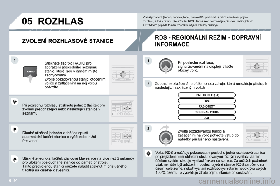 Peugeot Partner 2010  Návod k obsluze (in Czech) �1�1
�2
�3
�0�5
9.34
� � �Z�V�O�L�E�N�Í� �R�O�Z�H�L�A�S�O�V�É� �S�T�A�N�I�C�E� 
� �P9�i� �p�o�s�l�e�c�h�u� �r�o�z�h�l�a�s�u�,� �s�i�g�n�a�l�i�z�o�v�a�n�é�m� �n�a� �d�i�s�p�l�e�j�i�,� �s�t�l�a�č�t