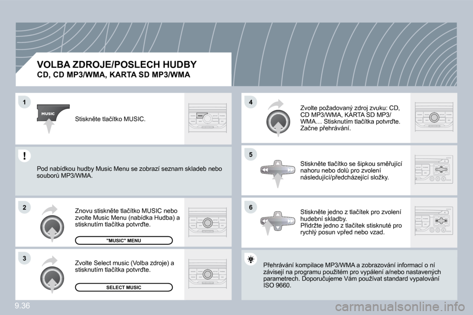 Peugeot Partner 2010  Návod k obsluze (in Czech) �1
�2
�3
�5
�4
�6
�9�.�3�6
�V�O�L�B�A� �Z�D�R�O�J�E�/�P�O�S�L�E�C�H� �H�U�D�B�Y� � 
�C�D�,� �C�D� �M�P�3�/�W�M�A�,� �K�A�R�T�A� �S�D� �M�P�3�/�W�M�A� 
� �P9�e�h�r�á�v�á�n�í� �k�o�m�p�i�l�a�c�e� �M