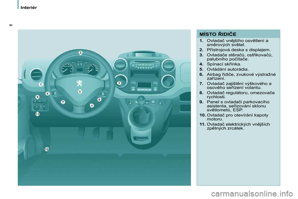 Peugeot Partner 2010  Návod k obsluze (in Czech) 8
� � � �I�n�t�e�r�i�é�r� � � 
� � �M�Í�S�T�O� 8�I�D�I�Č�E�  
   
1. � �  �O�v�l�a�d�a�č� �v�n)�j�š�í�h�o� �o�s�v)�t�l�e�n�í� �a� 
�s�m)�r�o�v�ý�c�h� �s�v)�t�e�l�.� 
  
2. � �  �P9�í�s�