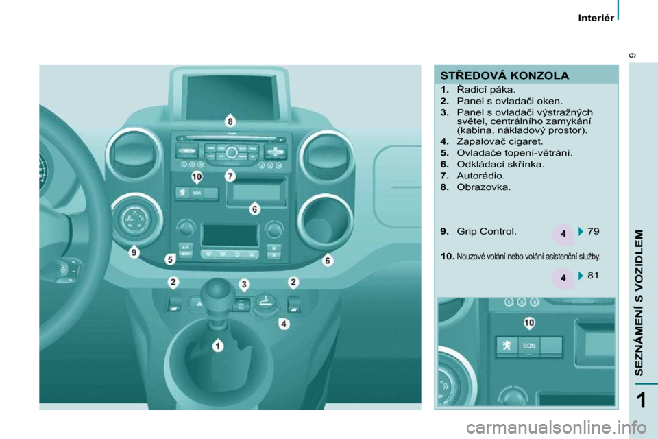 Peugeot Partner 2010  Návod k obsluze (in Czech) 4
4
9
1
�S�E�Z�N�Á�M�E�N�Í� �S� �V�O�Z�I�D�L�E�M
� � � �I�n�t�e�r�i�é�r� � � 
� �S�T8�E�D�O�V�Á� �K�O�N�Z�O�L�A�  
    
1. � �  8�a�d�i�c�í� �p�á�k�a�.� 
  
2. � �  �P�a�n�e�l� �s� �o�v�l�a�d�