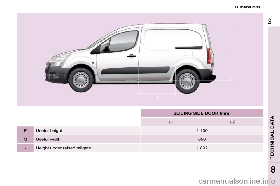 Peugeot Partner 2009  Owners Manual  Dimensions 
TECHNICAL DATA
8
       
SLIDING SIDE DOOR (mm)    
  L1     L2  
  P     Useful height     1 100  
  Q     Useful width     650  
  -     Height under raised tailgate     1 892    