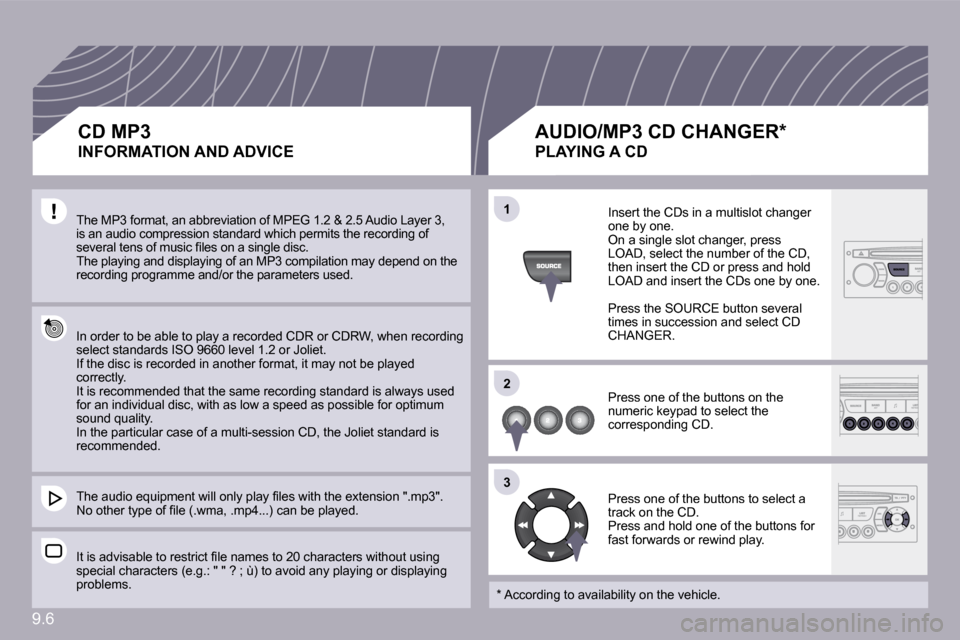 Peugeot Partner 2009  Owners Manual �9�.�6
�1�1
�2�2
�3�3
 The MP3 format, an abbreviation of MPEG 1.2 & 2.5 Audio Layer 3, �i�s� �a�n� �a�u�d�i�o� �c�o�m�p�r�e�s�s�i�o�n� �s�t�a�n�d�a�r�d� �w�h�i�c�h� �p�e�r�m�i�t�s� �t�h�e� �r�e�c�o�r