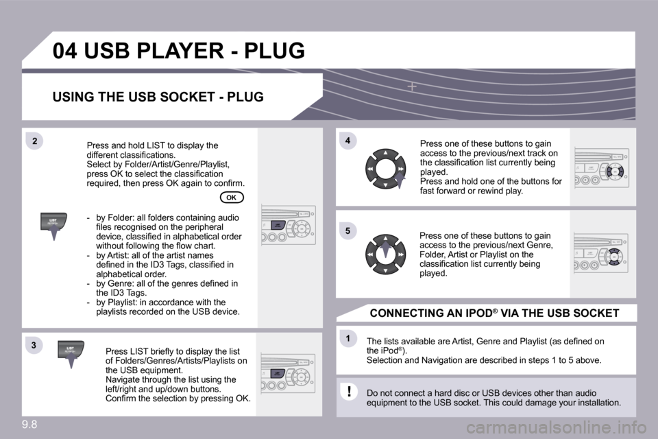 Peugeot Partner 2009  Owners Manual 9.8
�3�3
�0�4
�4�4
�1�1
�5�5
�2�2
� �U�S�B� �P�L�A�Y�E�R� �-� �P�L�U�G
� � �U�S�I�N�G� �T�H�E� �U�S�B� �S�O�C�K�E�T� �-� �P�L�U�G� 
� � �P�r�e�s�s� �L�I�S�T� �b�r�i�e�ﬂ� �y� �t�o� �d�i�s�p�l�a�y� �t