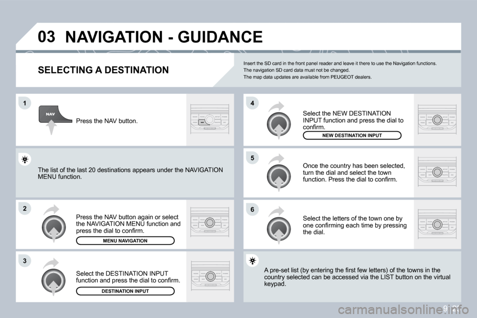 Peugeot Partner 2009  Owners Manual 9. 23
�0�3
�1
�2
�3
�6
�5
�4
� �N�A�V�I�G�A�T�I�O�N� �-� �G�U�I�D�A�N�C�E� 
  SELECTING A DESTINATION 
� �P�r�e�s�s� �t�h�e� �N�A�V� �b�u�t�t�o�n� �a�g�a�i�n� �o�r� �s�e�l�e�c�t� the NAVIGATION MENU f