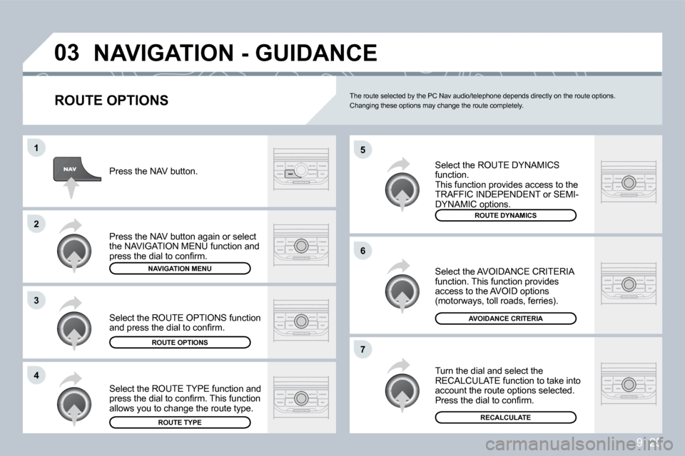 Peugeot Partner 2009  Owners Manual 9. 25
�0�3
�5
�6
�7
�1
�2
�3
�4
� �N�A�V�I�G�A�T�I�O�N� �-� �G�U�I�D�A�N�C�E� 
  ROUTE OPTIONS 
� �S�e�l�e�c�t� �t�h�e� �R�O�U�T�E� �D�Y�N�A�M�I�C�S� function.  This function provides access to the �T
