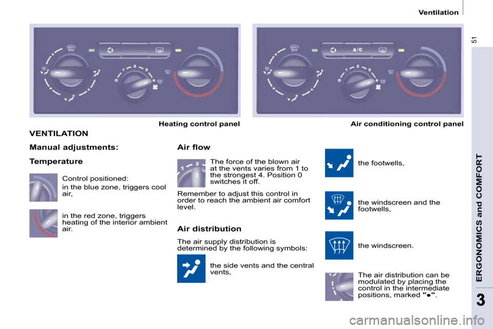 Peugeot Partner 2009 Owners Guide 51
ERGONOMICS and COMFORT
33
   Ventilation   
 VENTILATION 
� �t�h�e� �s�i�d�e� �v�e�n�t�s� �a�n�d� �t�h�e� �c�e�n�t�r�a�l�  
vents, 
  Air flow 
 the footwells,  
� �t�h�e� �w�i�n�d�s�c�r�e�e�n� �a�