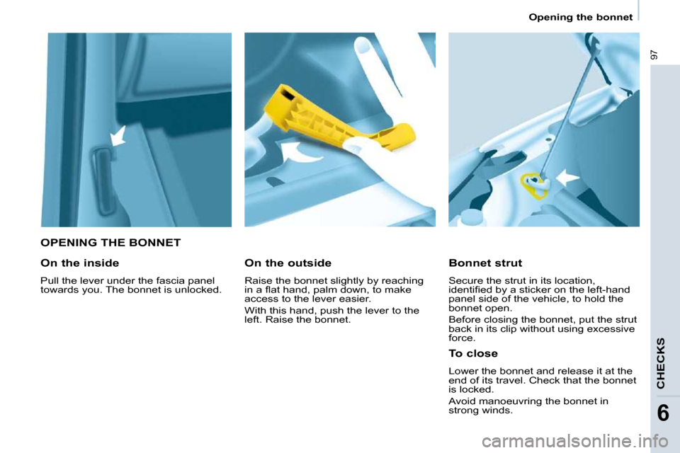 Peugeot Partner 2009 Owners Manual 97
   Opening the bonnet   
CHECKS
6
   OPENING THE BONNET 
  Bonnet strut  
 Secure the strut in its location,  
�i�d�e�n�t�i�ﬁ� �e�d� �b�y� �a� �s�t�i�c�k�e�r� �o�n� �t�h�e� �l�e�f�t�-�h�a�n�d� 
p