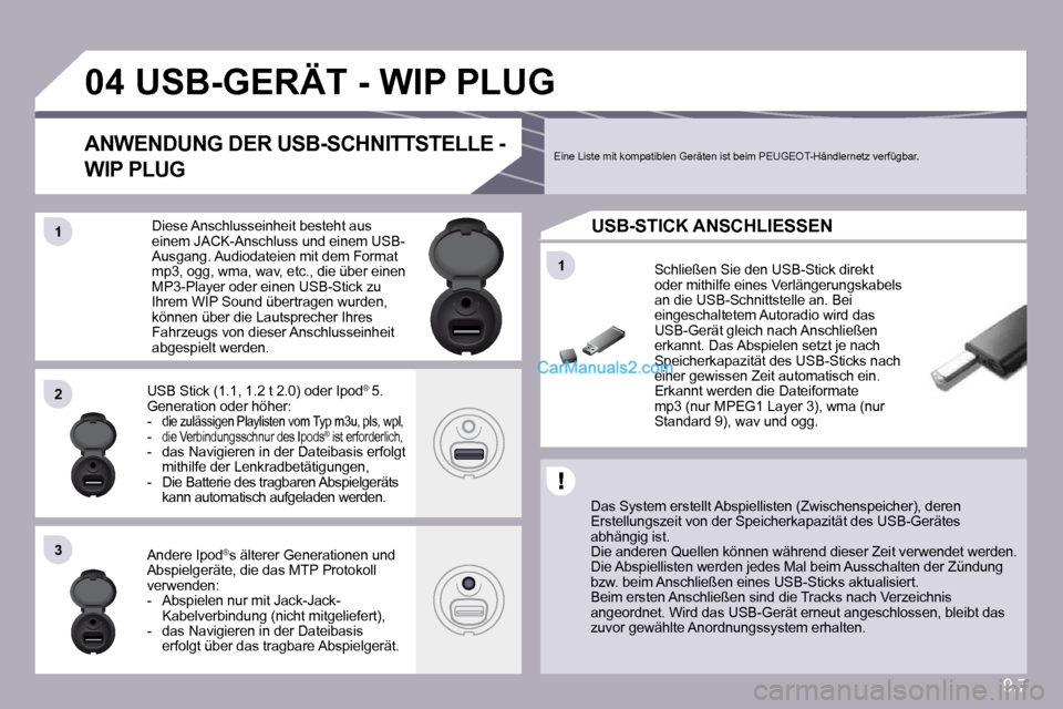 Peugeot Partner 2009  Betriebsanleitung (in German) 9.7
�1�1
�0�4
�1�1
�2�2
�3�3
� � � � � � � � � �U�S�B�-�G�E�R�Ä�T� �-� �W�I�P� �P�L�U�G� 
  Das System erstellt Abspiellisten (Zwischenspeicher), deren Erstellungszeit von der Speicherkapazität des 