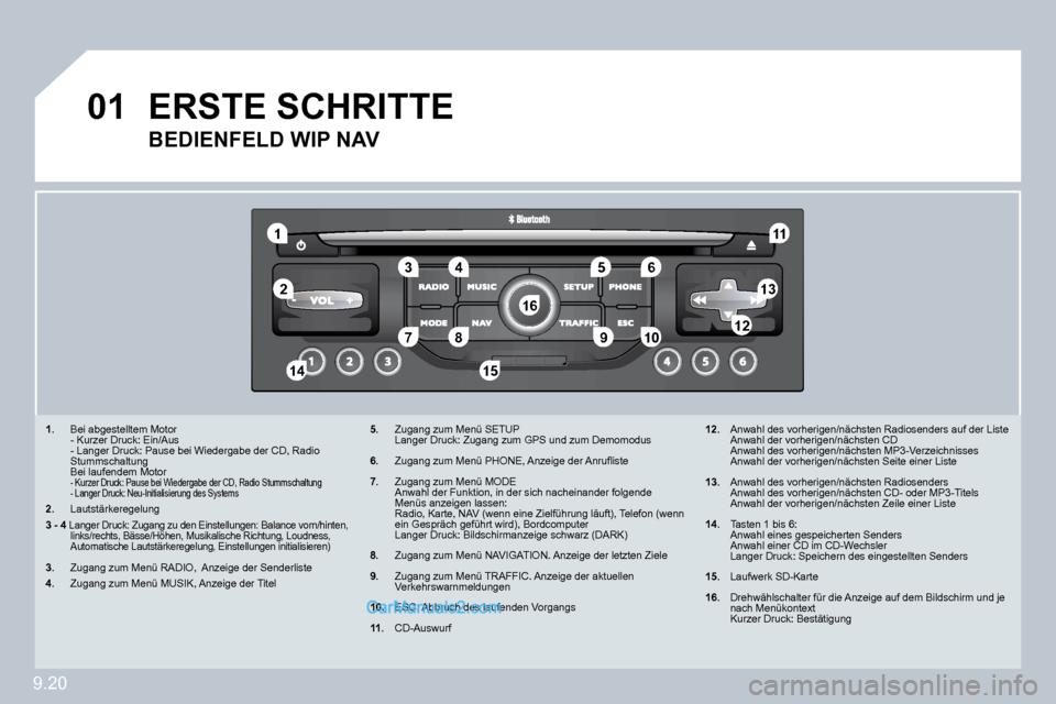 Peugeot Partner 2009  Betriebsanleitung (in German) 9.20
01
1
�5
10
�2
�3�4�6
�1�3
11
9
�1�4�1�5
�7�8�1�2
1�6
   1.   Bei abgestelltem Motor    - Kurzer Druck: Ein/Aus    - Langer Druck: Pause bei Wiedergabe der CD, Radio  Stummschaltung     Bei laufen