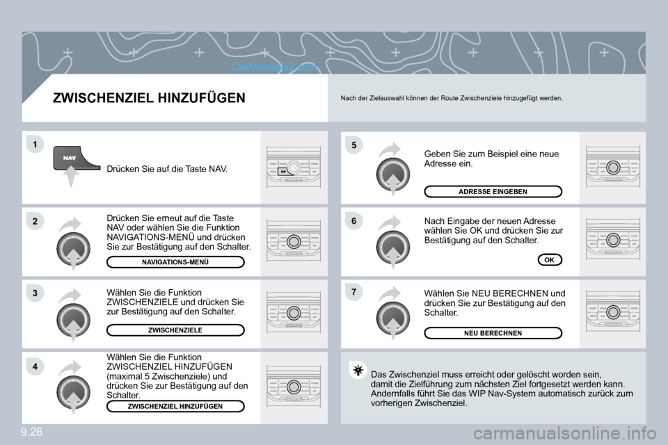 Peugeot Partner 2009  Betriebsanleitung (in German) 9.26
�5
�6
�7
1
�2
�3
�4
� � �Z�W�I�S�C�H�E�N�Z�I�E�L� �H�I�N�Z�U�F�Ü�G�E�N� 
 Geben Sie zum Beispiel eine neue Adresse ein. 
 Nach Eingabe der neuen Adresse wählen Sie OK und drücken Sie zur Best