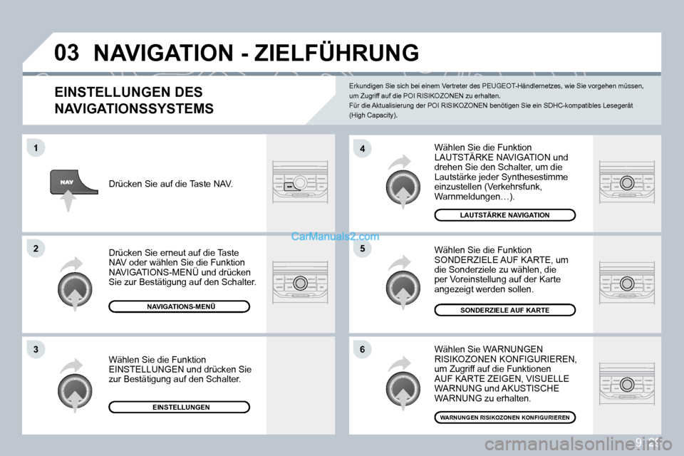 Peugeot Partner 2009  Betriebsanleitung (in German) 9. 29
�0�3
�6
�4
�5
1
�2
�3
  EINSTELLUNGEN DES 
�N�A�V�I�G�A�T�I�O�N�S�S�Y�S�T�E�M�S� 
 Wählen Sie die Funktion LAUTSTÄRKE NAVIGATION und drehen Sie den Schalter, um die Lautstärke jeder Syntheses