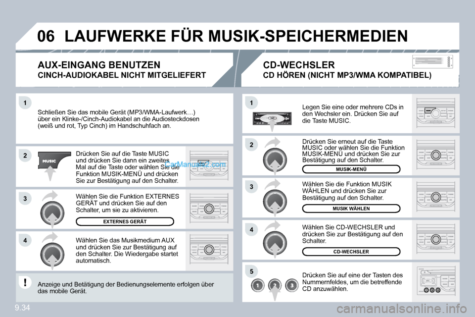 Peugeot Partner 2009  Betriebsanleitung (in German) 9.34
1
�2
�3
�4
1
�4
�0�6
�2
�3
�5
 Schließen Sie das mobile Gerät (MP3/WMA-Laufwerk…werk…) über ein Klinke-/Cinch-Audiokabel an die Audiosteckdosckdosen (weiß und rot, Typ Cinch) im Handschuh