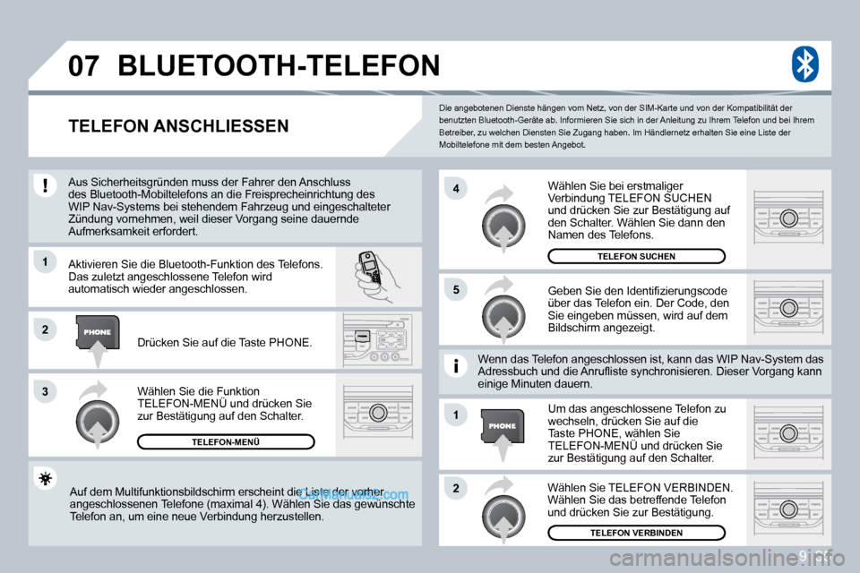 Peugeot Partner 2009  Betriebsanleitung (in German) 9. 35
�0�7
1
�3
�5
�4
�2
1
�2
 Die angebotenen Dienste hängen vom Netz, von der SIM-Karte und von der Kompatibilität der benutzten Bluetooth-Geräte ab. Informieren Sie sich in der Anleitung zu Ihre