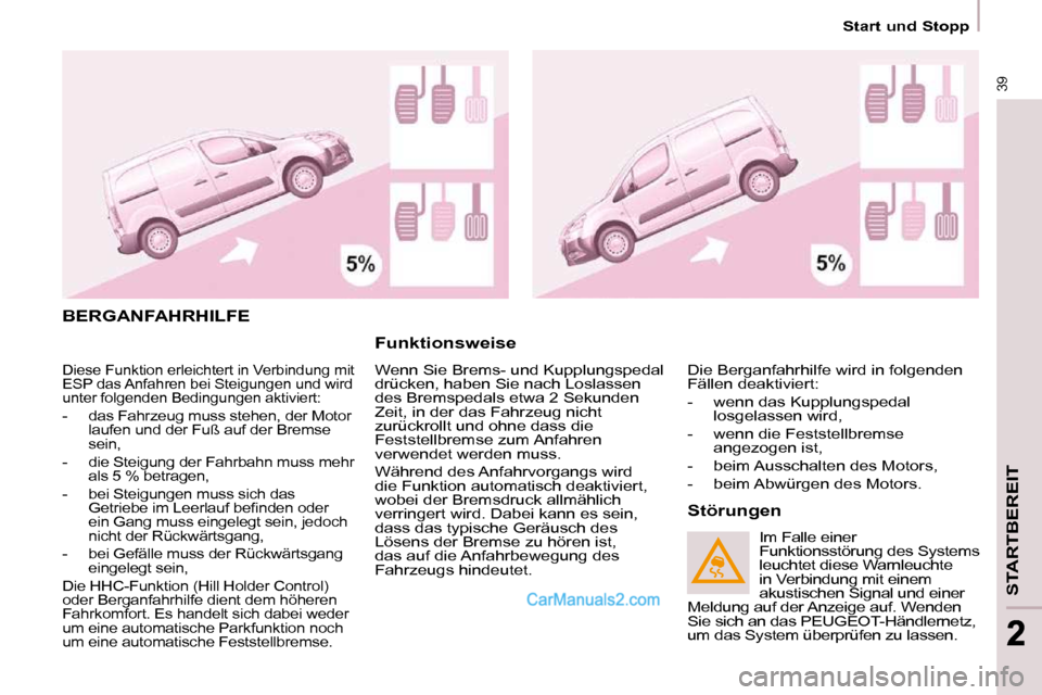 Peugeot Partner 2009  Betriebsanleitung (in German) 39
STARTBEREIT
22
   Start und Stopp   
 BERGANFAHRHILFE 
  Funktionsweise  
 Wenn Sie Brems- und Kupplungspedal  
drücken, haben Sie nach Loslassen 
des Bremspedals etwa 2 Sekunden 
Zeit, in der das