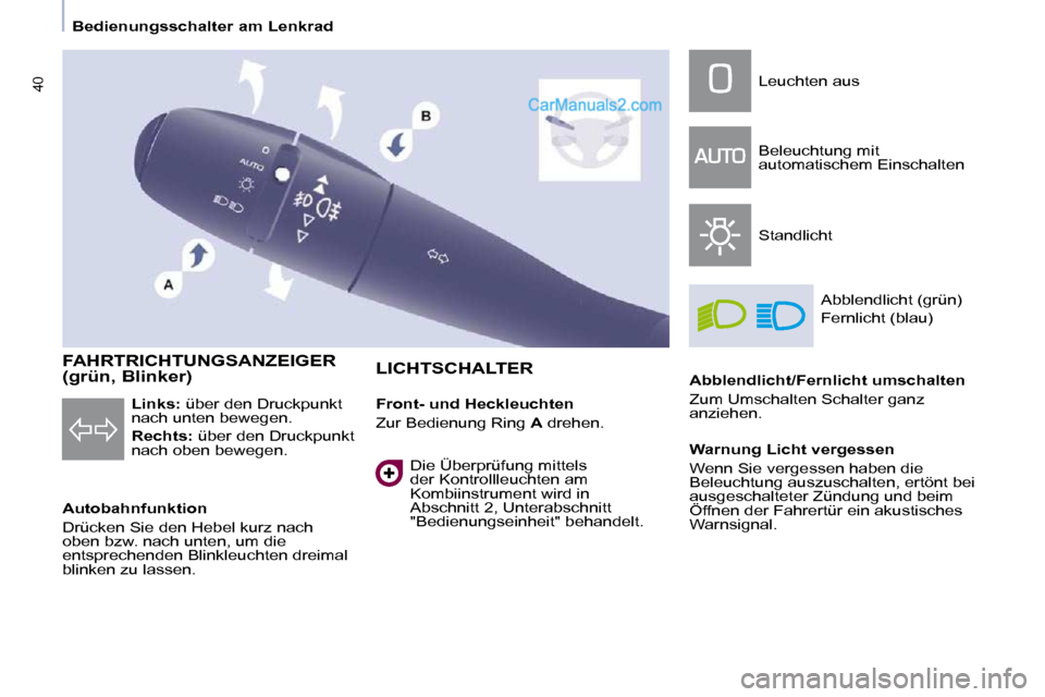 Peugeot Partner 2009  Betriebsanleitung (in German) 40
   Bedienungsschalter am Lenkrad   
    FAHRTRICHTUNGSANZEIGER  
(grün, Blinker)  
  Autobahnfunktion  
 Drücken Sie den Hebel kurz nach  
oben bzw. nach unten, um die 
entsprechenden Blinkleucht