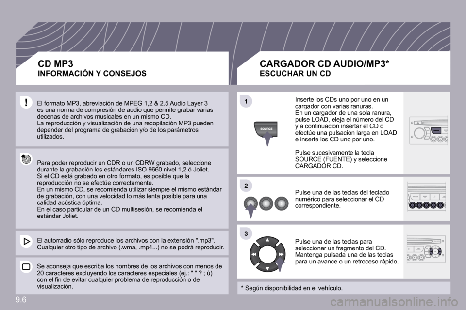 Peugeot Partner 2009  Manual del propietario (in Spanish) �9�.�6
�1�1
�2�2
�3�3
� �E�l� �f�o�r�m�a�t�o� �M�P�3�,� �a�b�r�e�v�i�a�c�i�ó�n� �d�e� �M�P�E�G� �1�,�2� �&� �2�.�5� �A�u�d�i�o� �L�a�y�e�r� �3� �e�s� �u�n�a� �n�o�r�m�a� �d�e� �c�o�m�p�r�e�s�i�ó�n� 