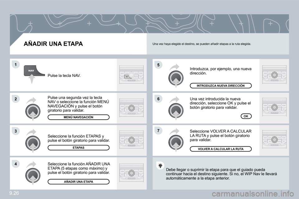 Peugeot Partner 2009  Manual del propietario (in Spanish) 9.26
�5
�6
�7
�1
�2
�3
�4
  AÑADIR UNA ETAPA 
 Introduzca, por ejemplo, una nueva dirección. 
 Una vez introducida la nueva dirección, seleccione OK y pulse el botón giratorio para validar. 
 Sele