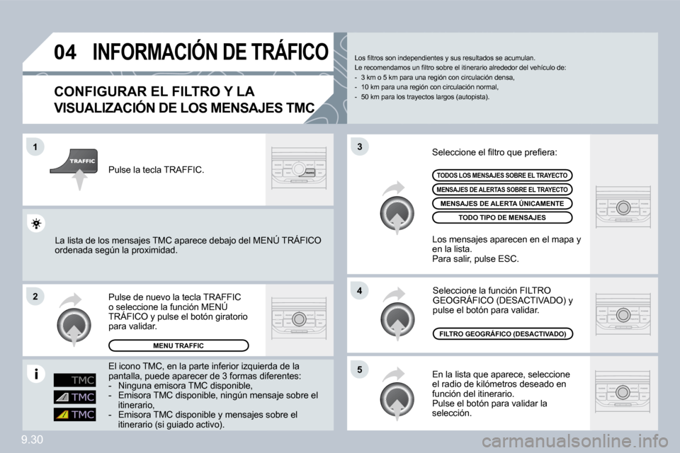 Peugeot Partner 2009  Manual del propietario (in Spanish) 9.30
�0�4
�1
�2
�5
�4
�3
 INFORMACIÓN DE TRÁFICO 
  CONFIGURAR EL FILTRO Y LA 
MC VISUALIZACIÓN DE LOS MENSAJES TMC 
 En la lista que aparece, seleccione el radio de kilómetros deseado en función