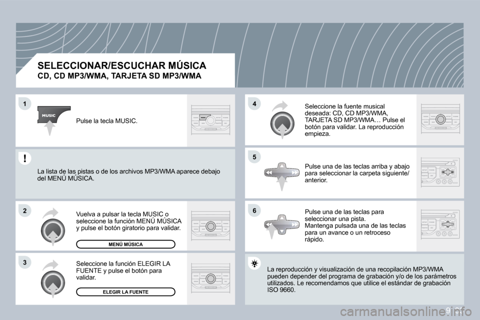 Peugeot Partner 2009  Manual del propietario (in Spanish) 9. 33
�1
�2
�3
�5
�4
�6
  SELECCIONAR/ESCUCHAR MÚSICA  
�C�D�,� �C�D� �M�P�3�/�W�M�A�,� �T�A�R�J�E�T�A� �S�D� �M�P�3�/�W�M�A� 
 La reproducción y visualización de una recopilación MPón MP3/WMA pu