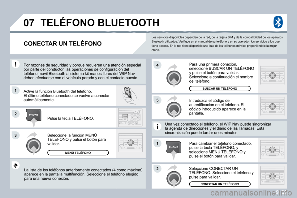 Peugeot Partner 2009  Manual del propietario (in Spanish) 9. 35
�0�7
�1
�3
�5
�4
�2
�1
�2
 Los servicios disponibles dependen de la red, de la tarjeta SIM y de la compatibilidad de los aparato s �B�l�u�e�t�o�o�t�h� �u�t�i�l�i�z�a�d�o�s�.� �V�e�r�i�ﬁ� �q�u�