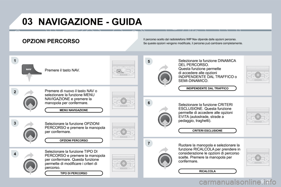 Peugeot Partner 2009  Manuale del proprietario (in Italian) 9. 25
�0�3
�5
�6
�7
�1
�2
�3
�4
� �N�A�V�I�G�A�Z�I�O�N�E� �-� �G�U�I�D�A� 
  OPZIONI PERCORSO 
 Selezionare la funzione DINAMICA DEL PERCORSO.  Questa funzione permette di accedere alle opzioni INDIPE