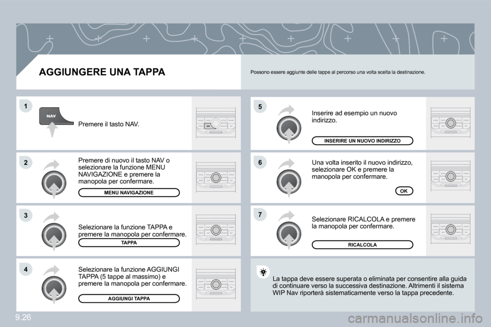 Peugeot Partner 2009  Manuale del proprietario (in Italian) 9.26
�5
�6
�7
�1
�2
�3
�4
  AGGIUNGERE UNA TAPPA 
 Inserire ad esempio un nuovo indirizzo. 
 Una volta inserito il nuovo indirizzo, selezionare OK e premere la manopola per confermare. 
 Selezionare R