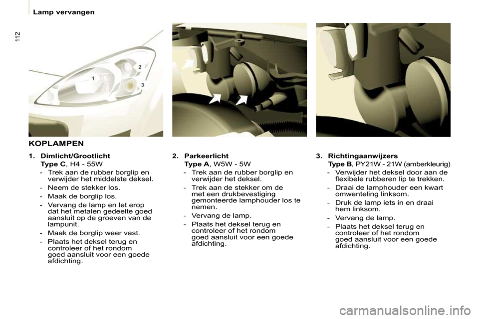 Peugeot Partner 2009  Handleiding (in Dutch) 112
   Lamp vervangen   
  
3.     Richtingaanwijzers     
    
Type B  , PY21W - 21W (amberkleurig) 
   -   Verwijder het deksel door aan de 
�ﬂ� �e�x�i�b�e�l�e� �r�u�b�b�e�r�e�n� �l�i�p� �t�e� �t�